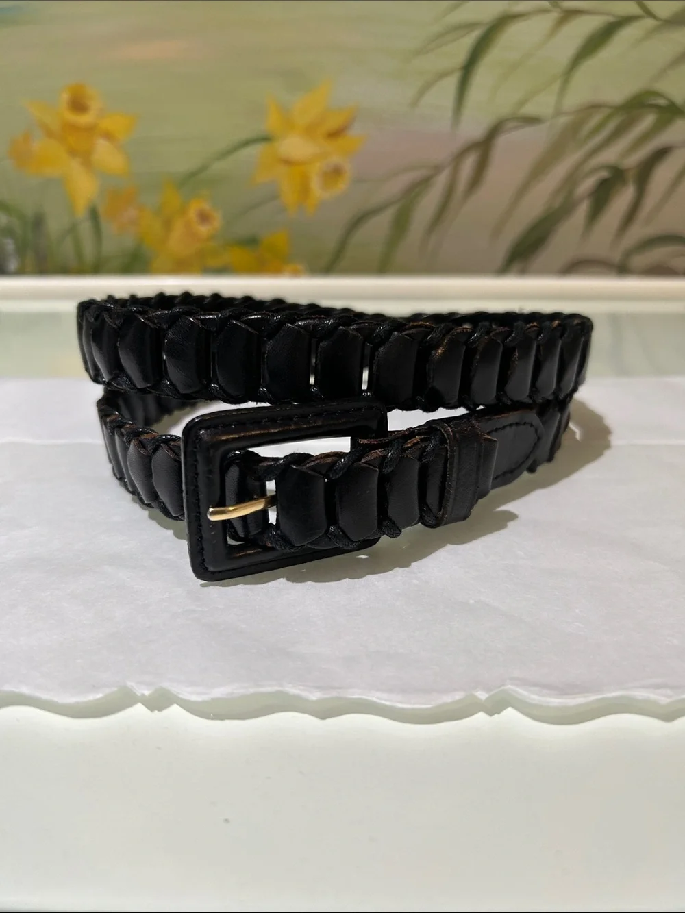 Vintage 90’s Black Braided Genuine Leather Link Belt Leather Covered Buckle